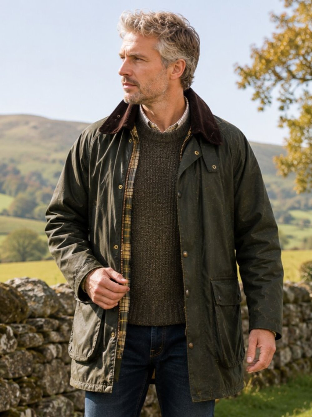 Barbour Border Waxed Jacket C44 Olive Made in England Large
